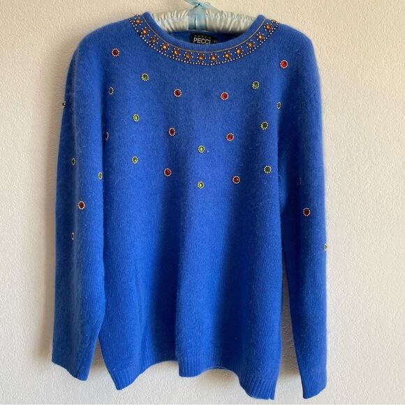 Marco Pecci Sweaters - Marco Pecci Sweater Vtg 1980s Blue Angora & Wool Jeweled Beaded Pullover Sz 40